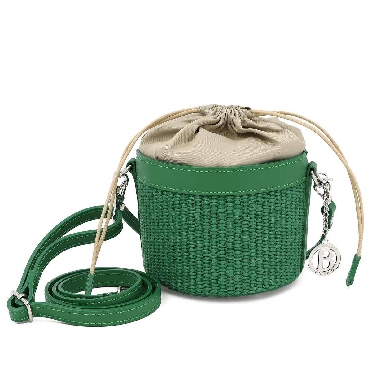 Női kosár típusú táska természetes bőrből és rafia-ból - zöld