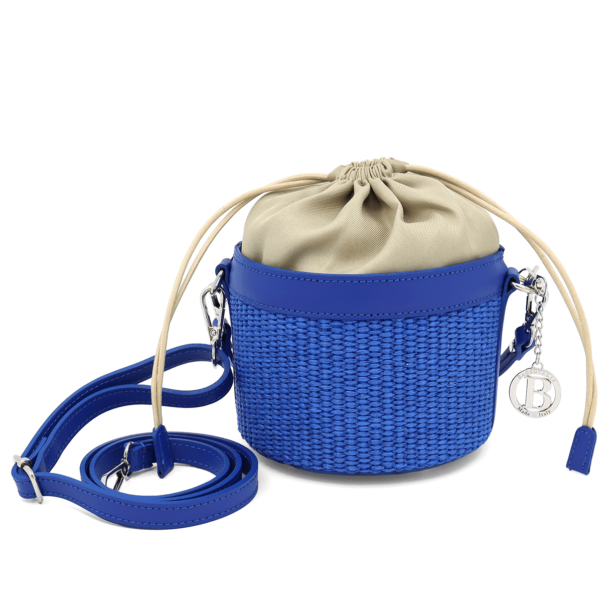 Női kosár típusú táska természetes bőrből és rafiából - kék