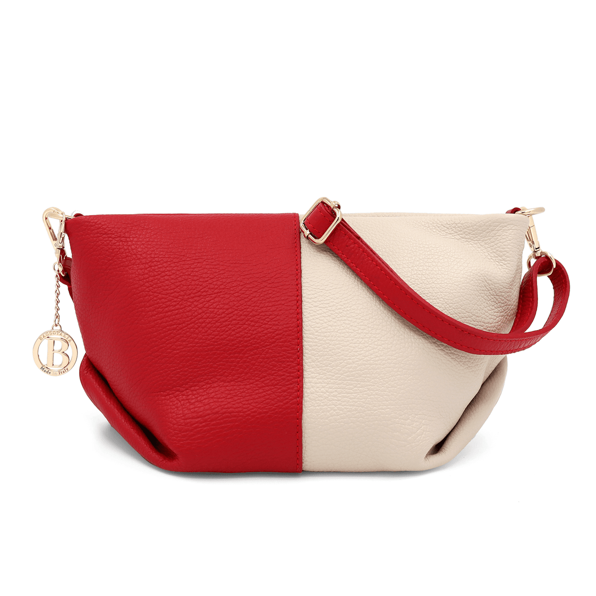 Két színű válltáska természetes bőrből, 2 fogantyúval - piros/bézs