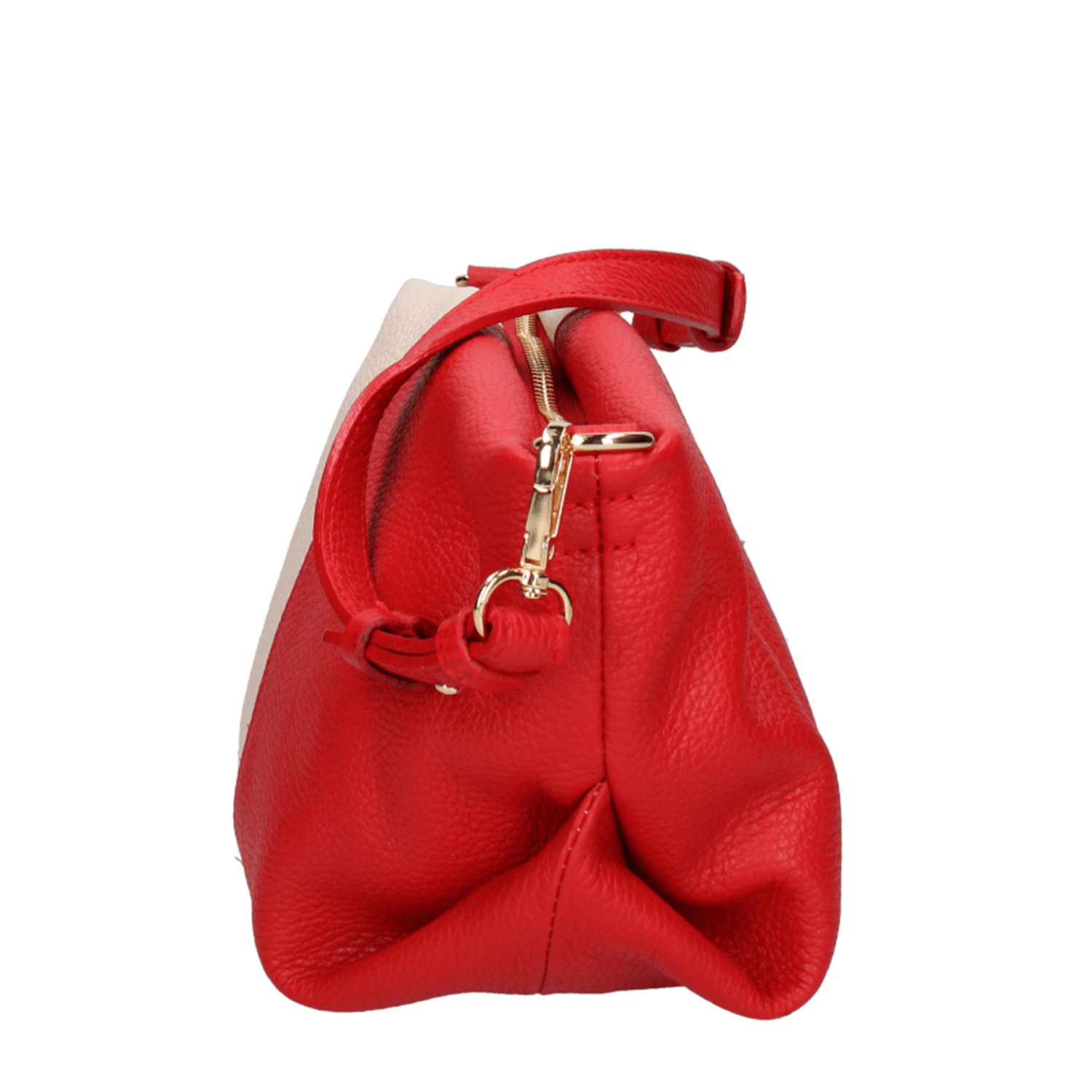 Két színű válltáska természetes bőrből, 2 fogantyúval - piros/bézs