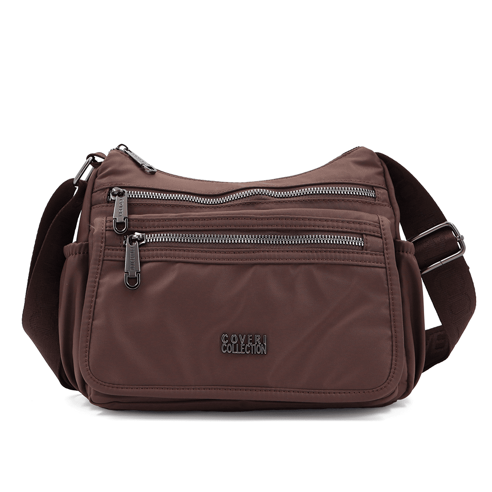 Női válltáska szövetből, sok zsebbel - sötétbarna