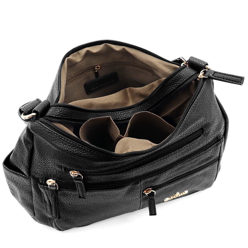 Kétrekeszes női válltáska sok zsebbel – fekete