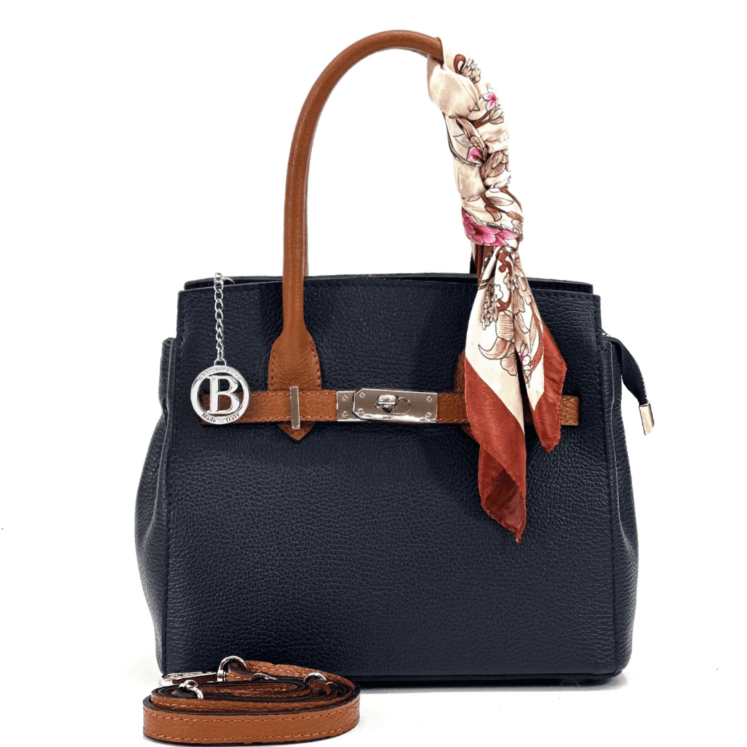 Luxus táska természetes bőrből - sötétkék / cseréptetőbarna