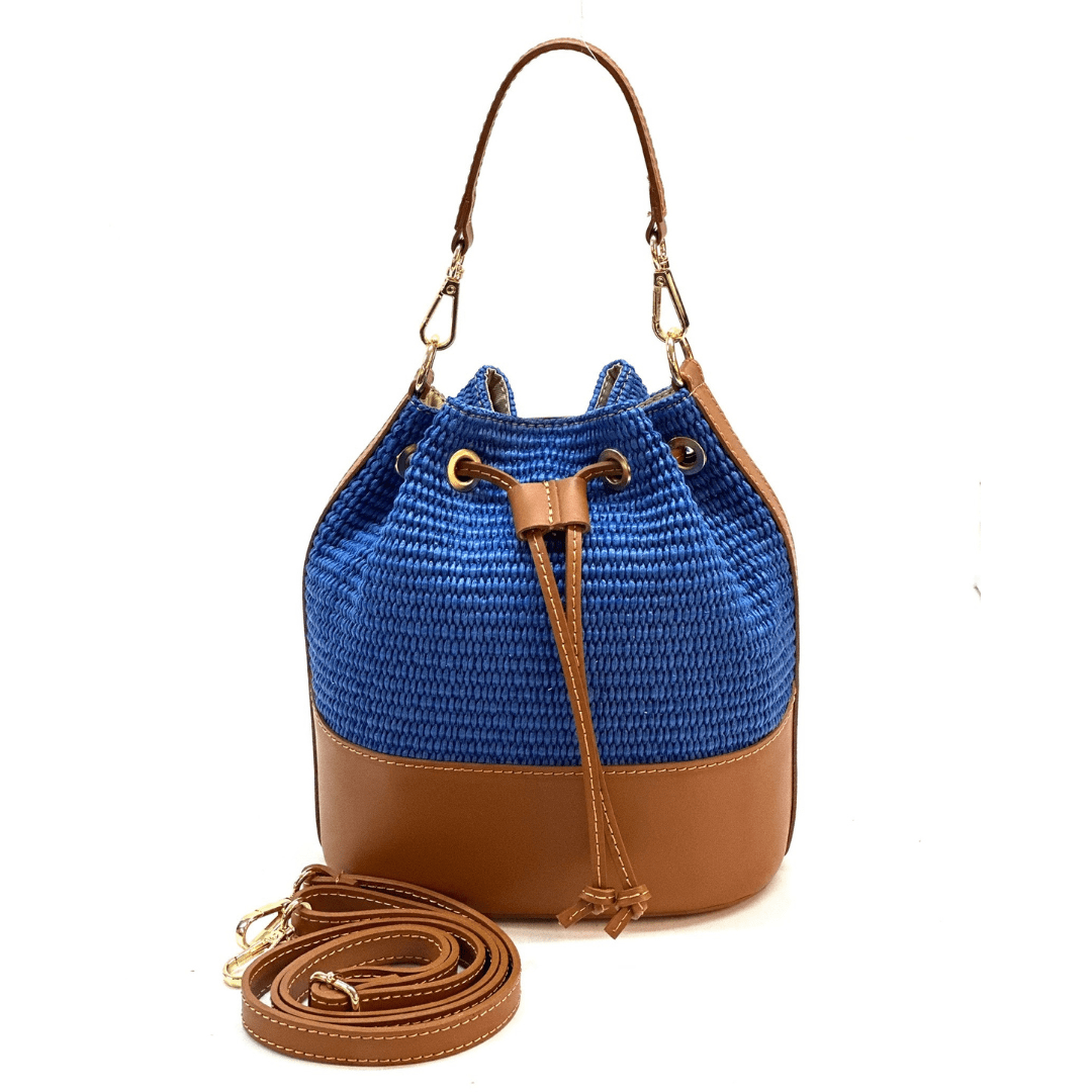 Természetes bőr és rafia táska Arla - kék