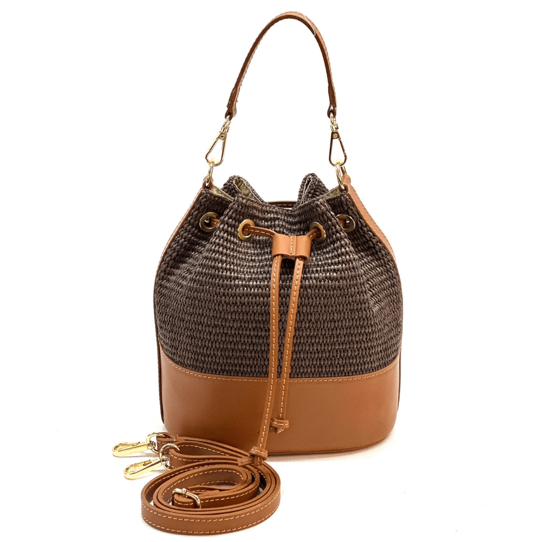 Természetes bőr és rafia táska Arla - sötétbarna