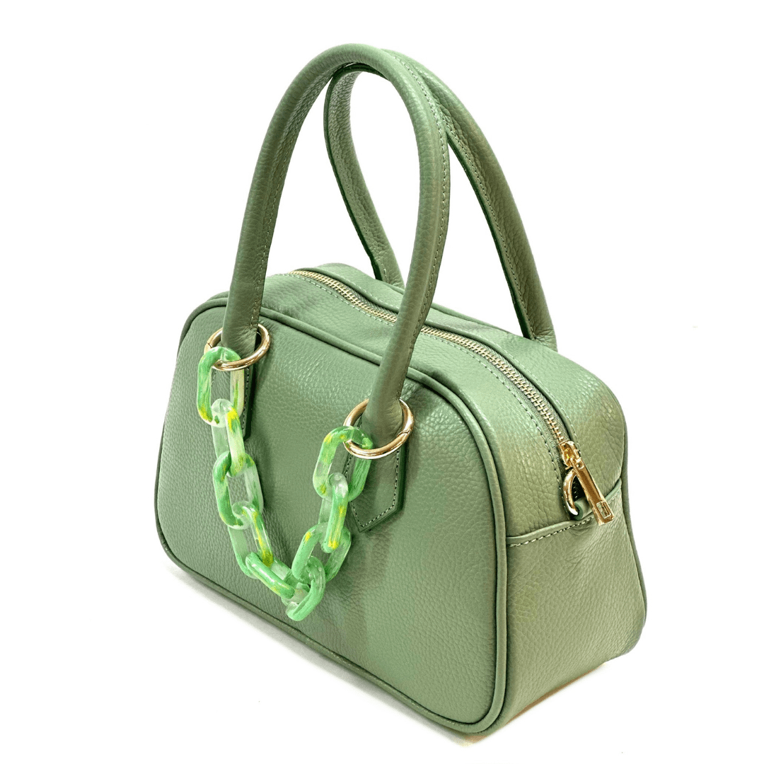 Női táska természetes bőrből, lánccal, Ria - zöld