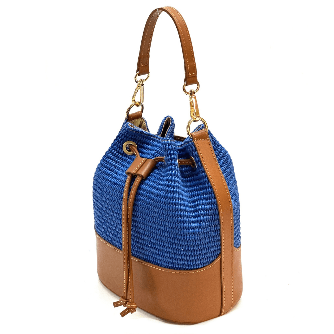 Természetes bőr és rafia táska Arla - kék
