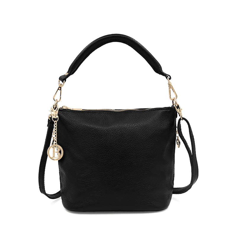 Természetes bőr válltáska 2 fogantyúval - fekete