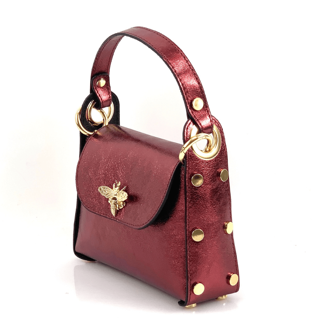Női táska 2 fogantyúval, természetes bőrből, Alena  - fémes bordó