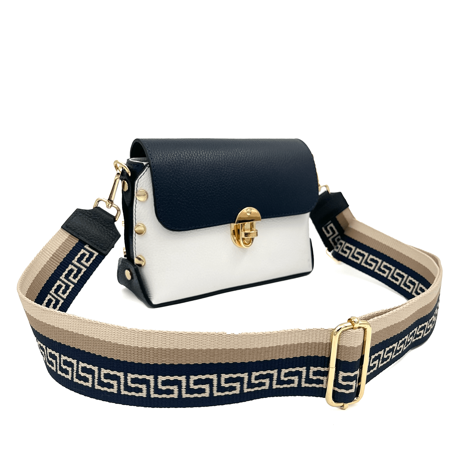 Antoanella természetes bőr női táska - fehér/sötétkék