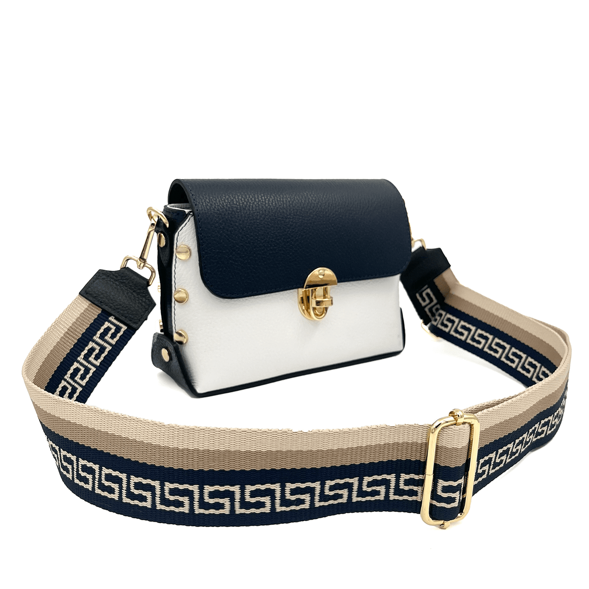 Antoanella természetes bőr női táska - fehér/sötétkék