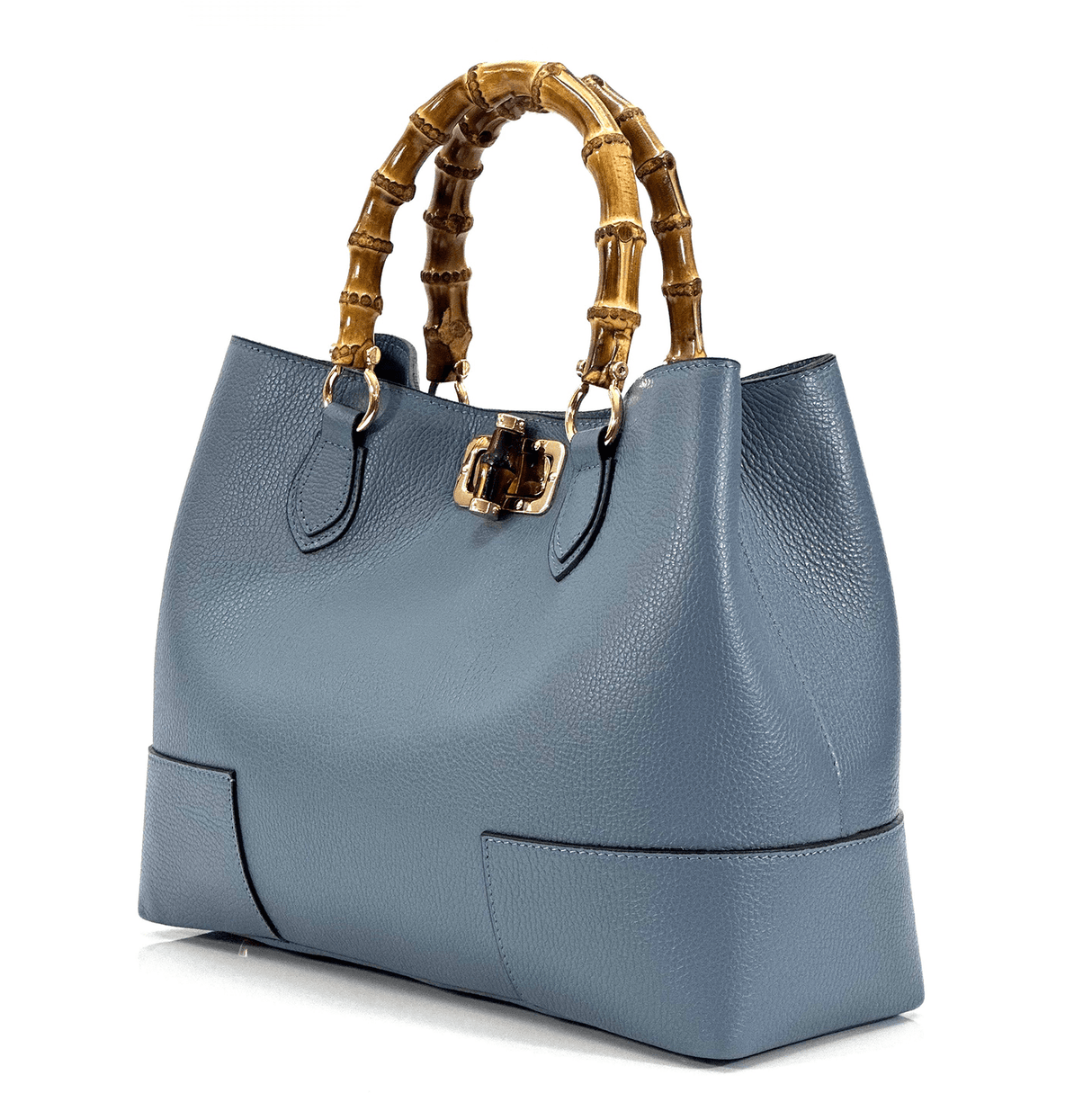 Női táska természetes bőrből, bambusz fogantyúkkal - kék