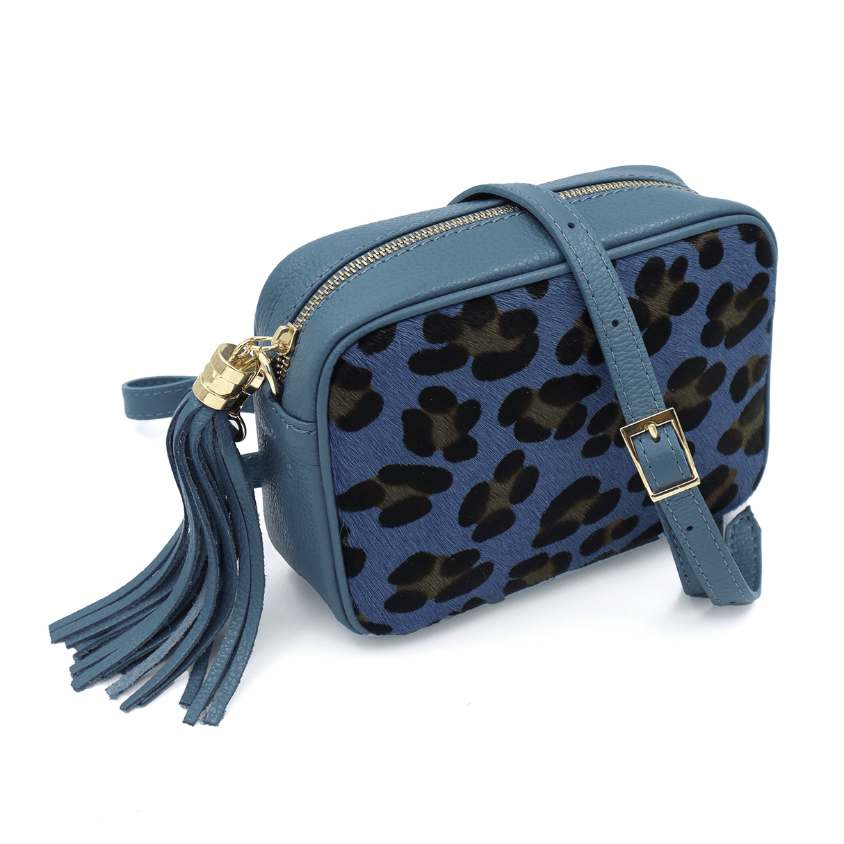 Válltáska természetes bőrből, állatmintás - kék