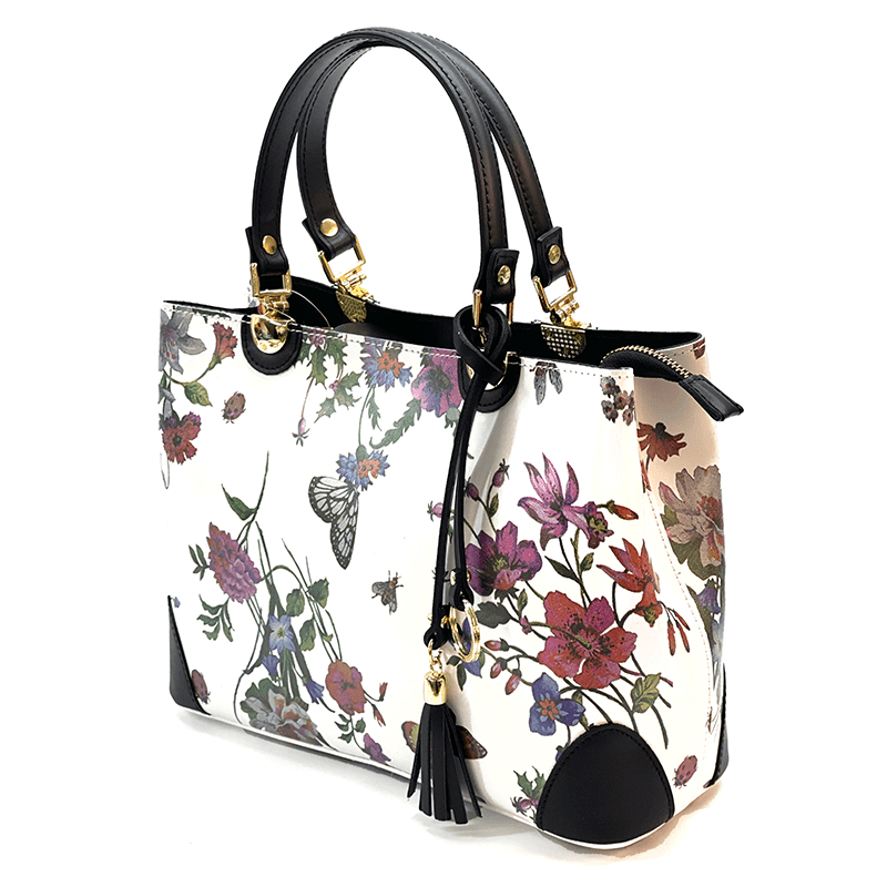 Női táska természetes bőrből, Alika nyomtatással - fekete