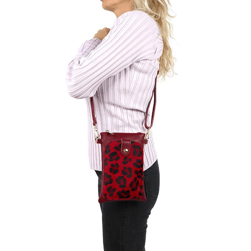 Válltáska természetes bőrből, állatmintás - bordó