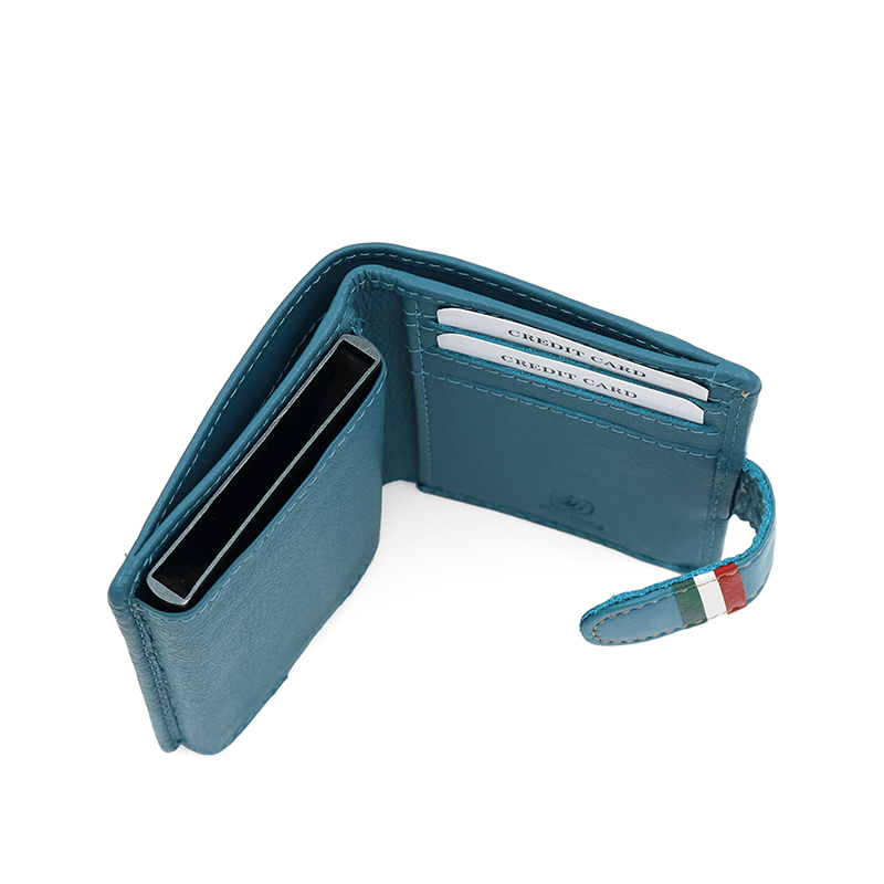 Unisex bőr pénztárca lopásgátló rendszerrel - kék