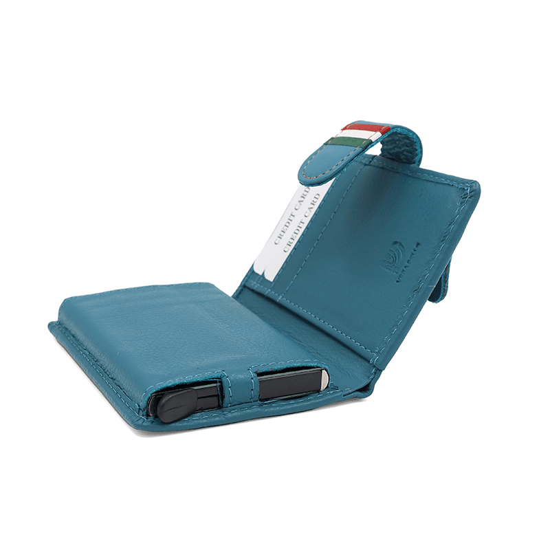 Unisex bőr pénztárca lopásgátló rendszerrel - kék