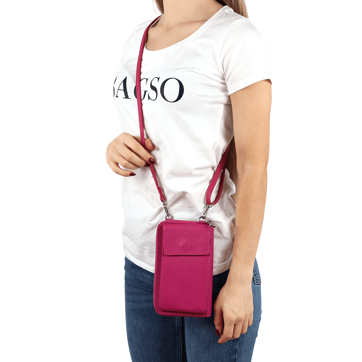 2 az 1-ben - táska és pénztárca természetes bőrből - fukszia