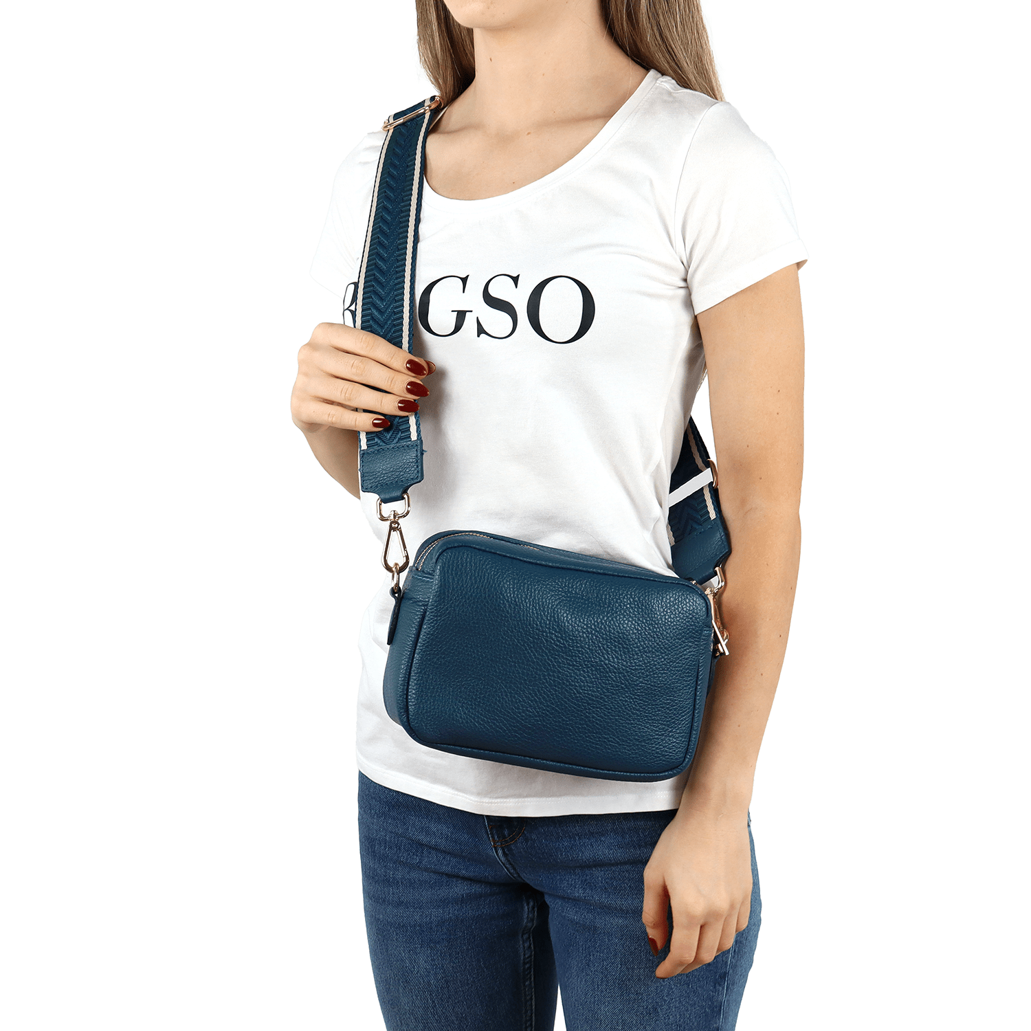 Természetes bőr válltáska 2 fogantyúval - kék