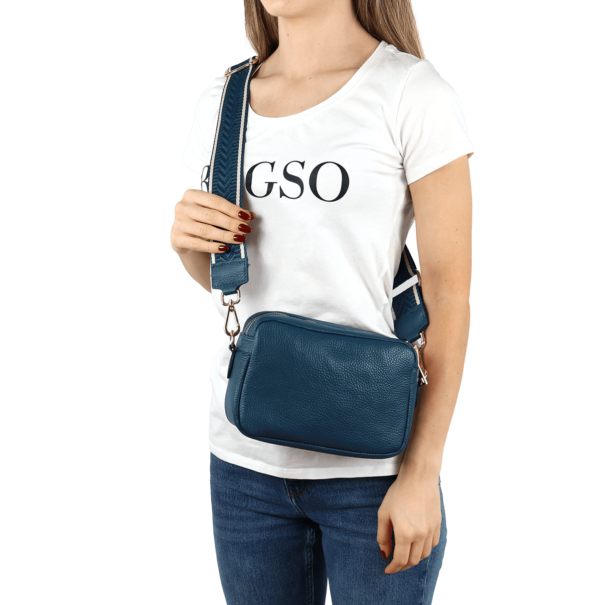 Természetes bőr válltáska 2 fogantyúval - kék