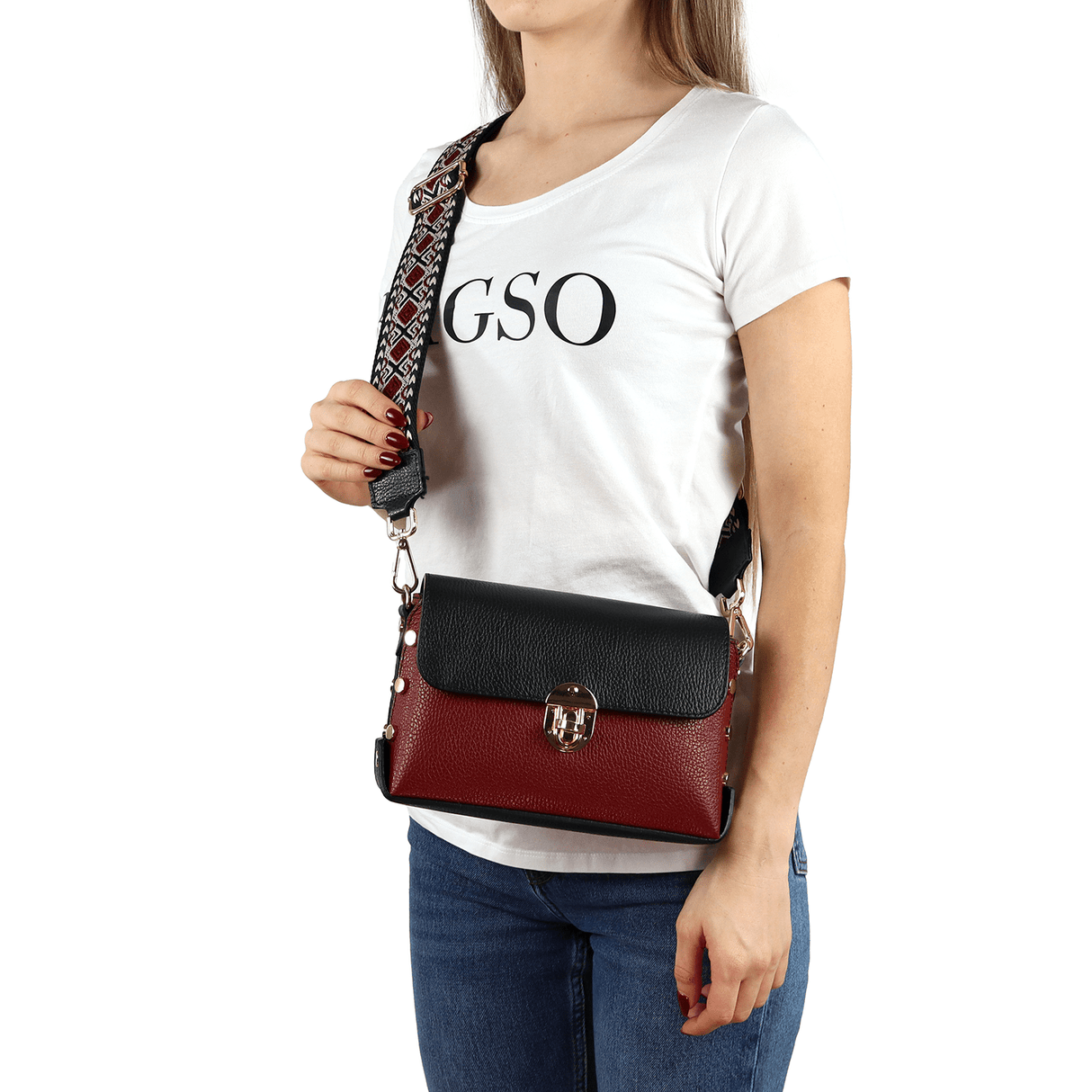 Antoanella természetes bőrből készült női táska - bordó/fekete