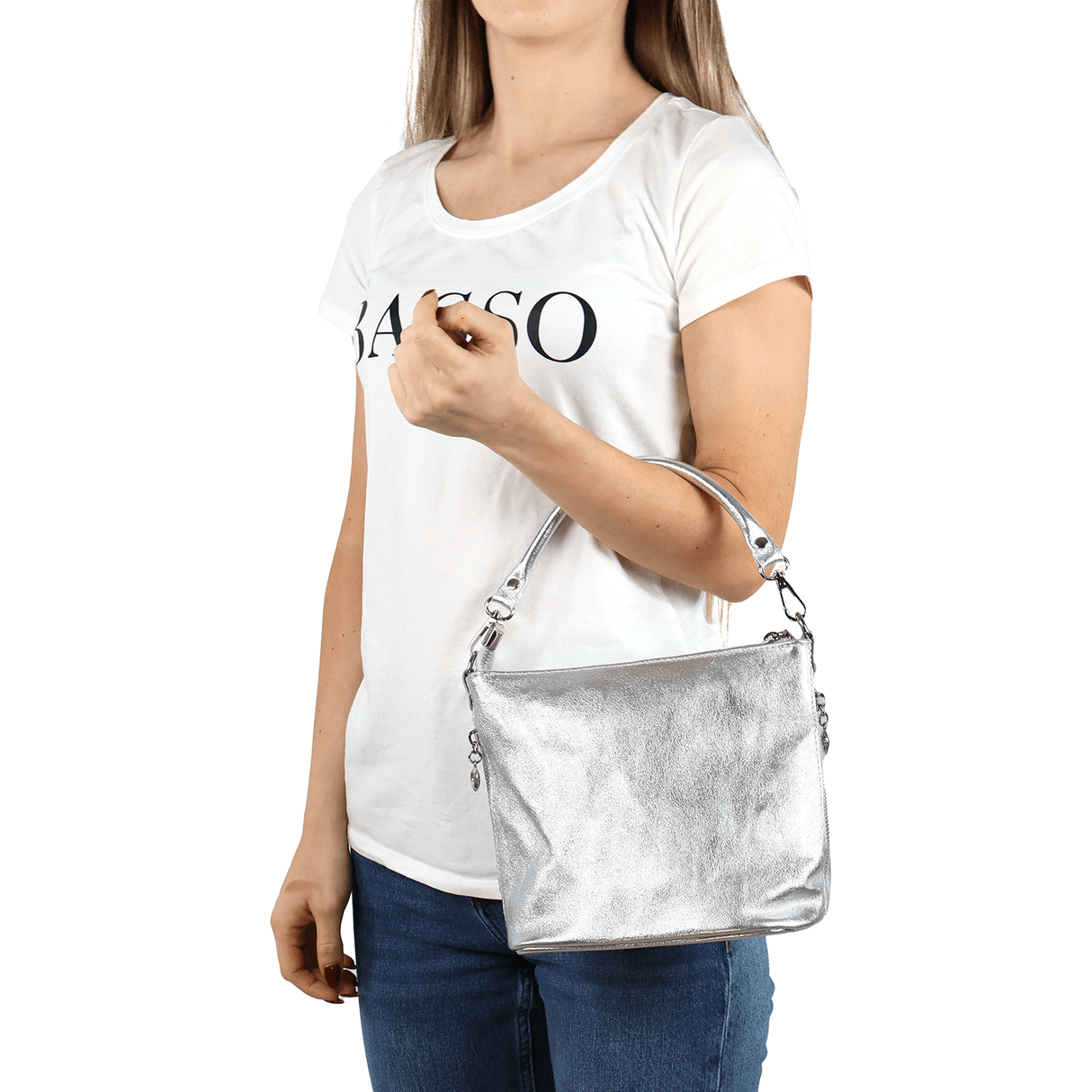 Természetes bőr válltáska 2 fogantyúval - fekete