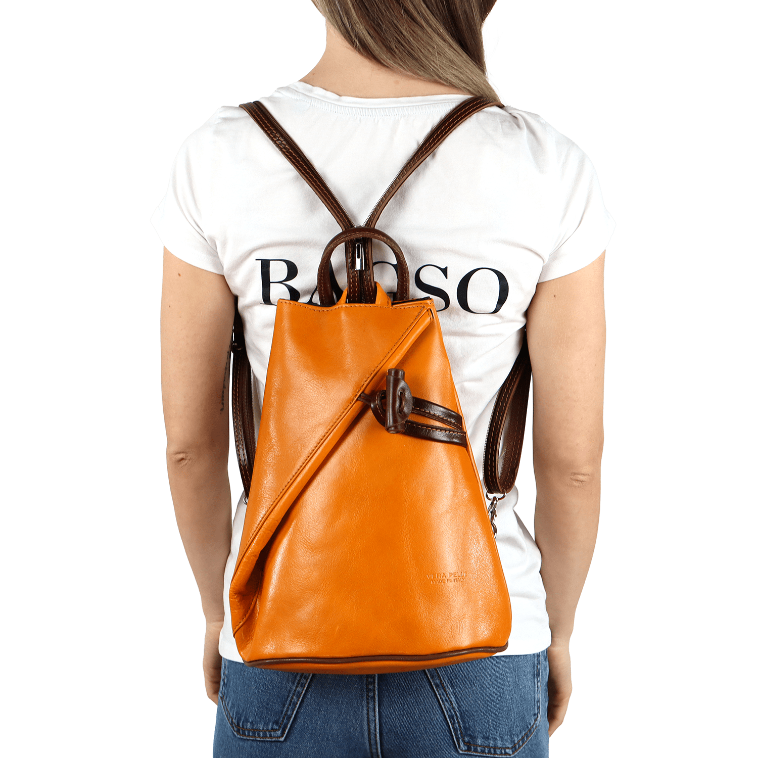 Női hátizsák természetes bőrből, titkos záródással - mustársárga