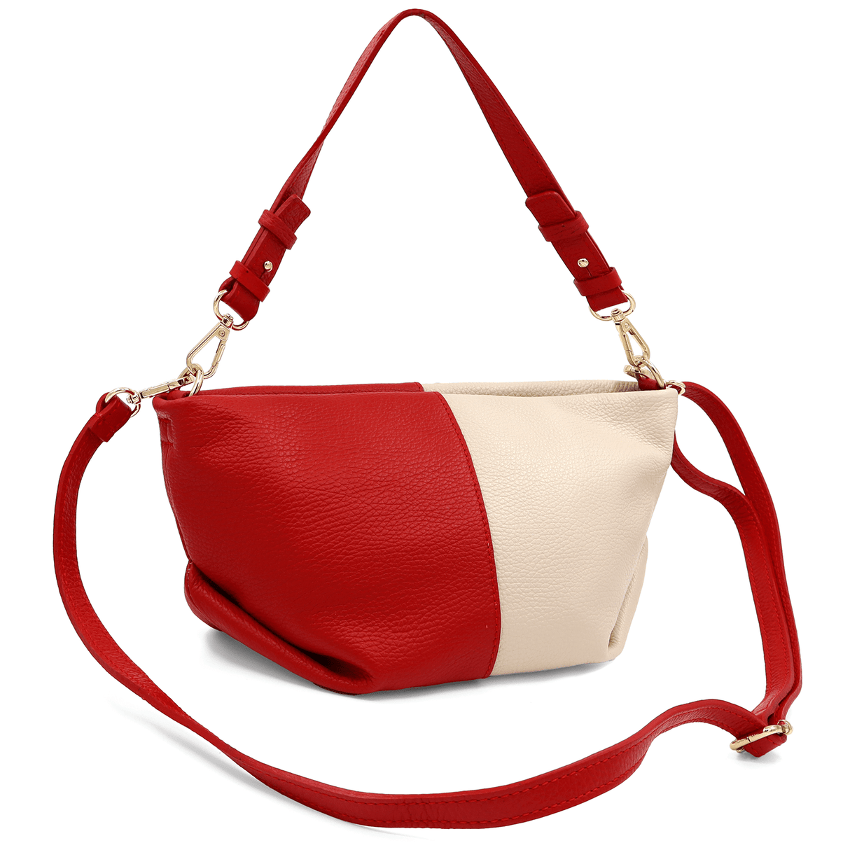 Két színű válltáska természetes bőrből, 2 fogantyúval - piros/bézs