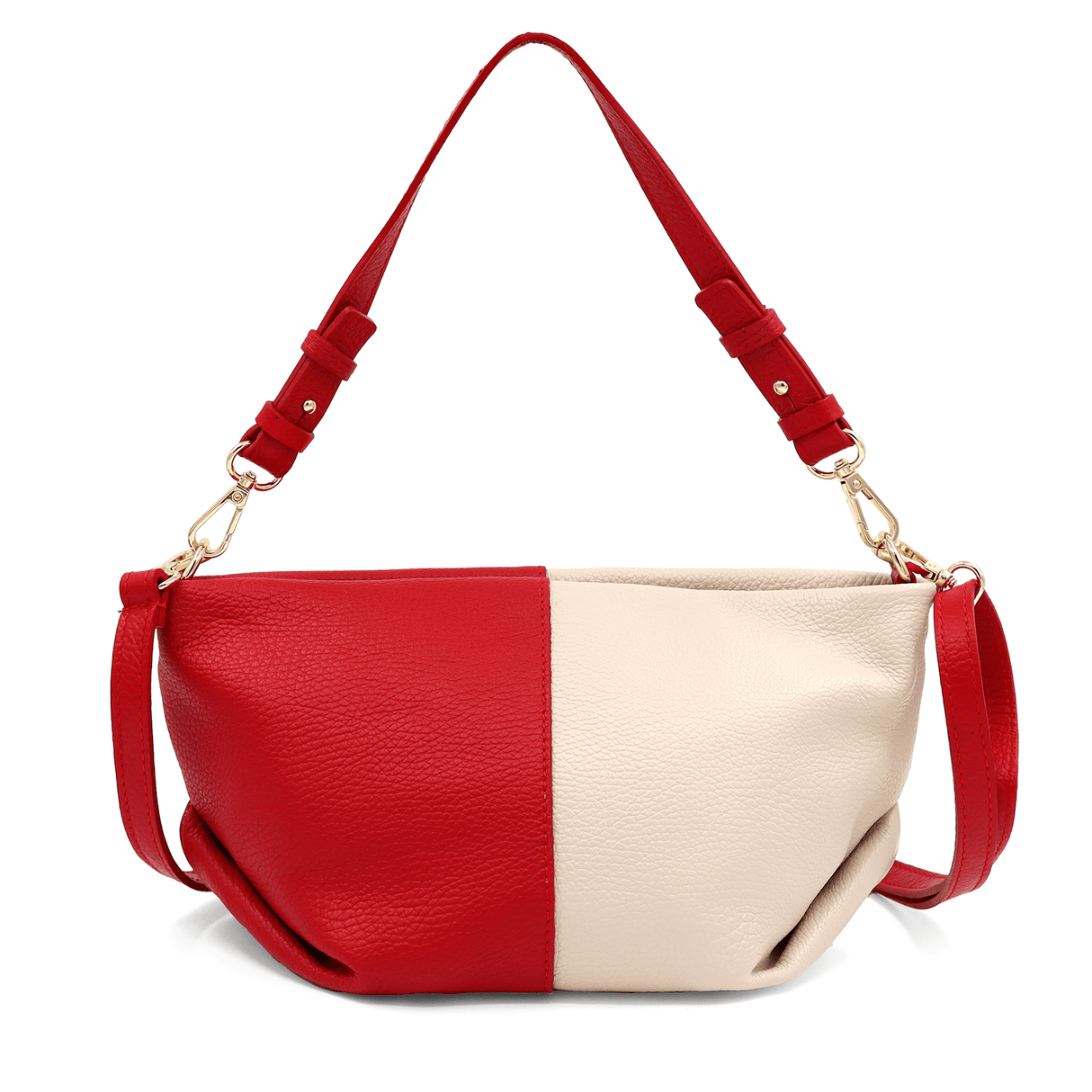 Két színű válltáska természetes bőrből, 2 fogantyúval - piros/bézs