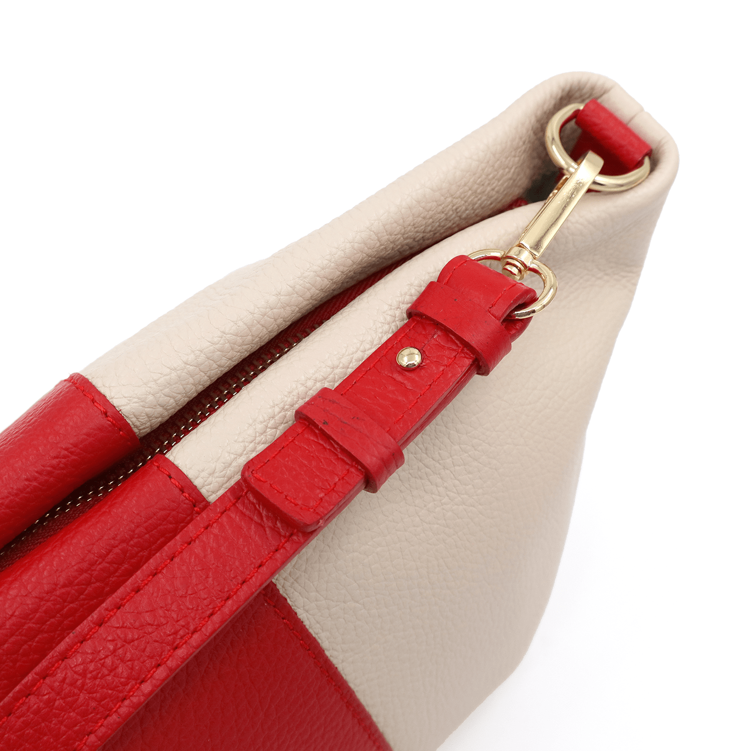 Két színű válltáska természetes bőrből, 2 fogantyúval - piros/bézs