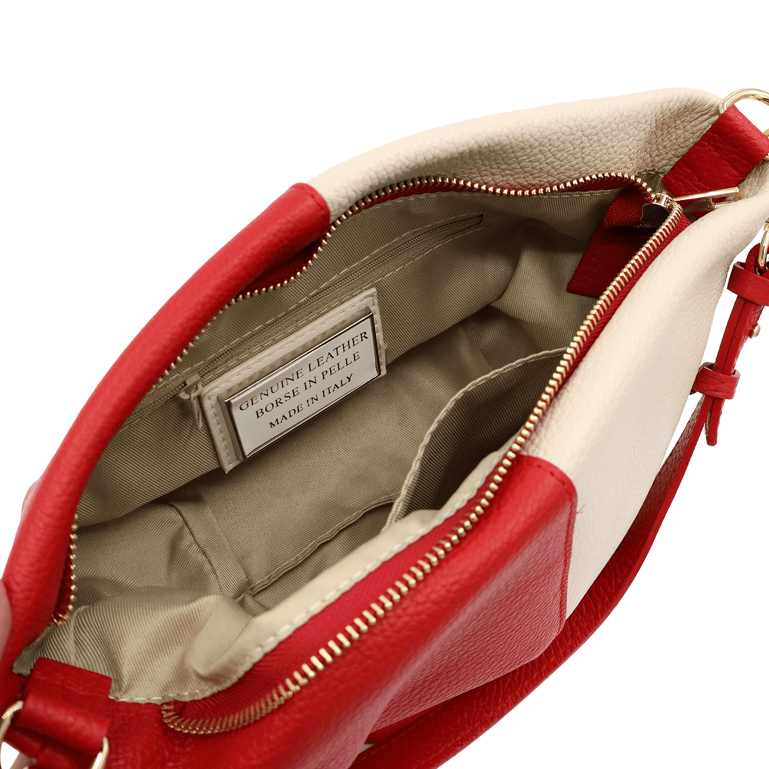 Két színű válltáska természetes bőrből, 2 fogantyúval - piros/bézs