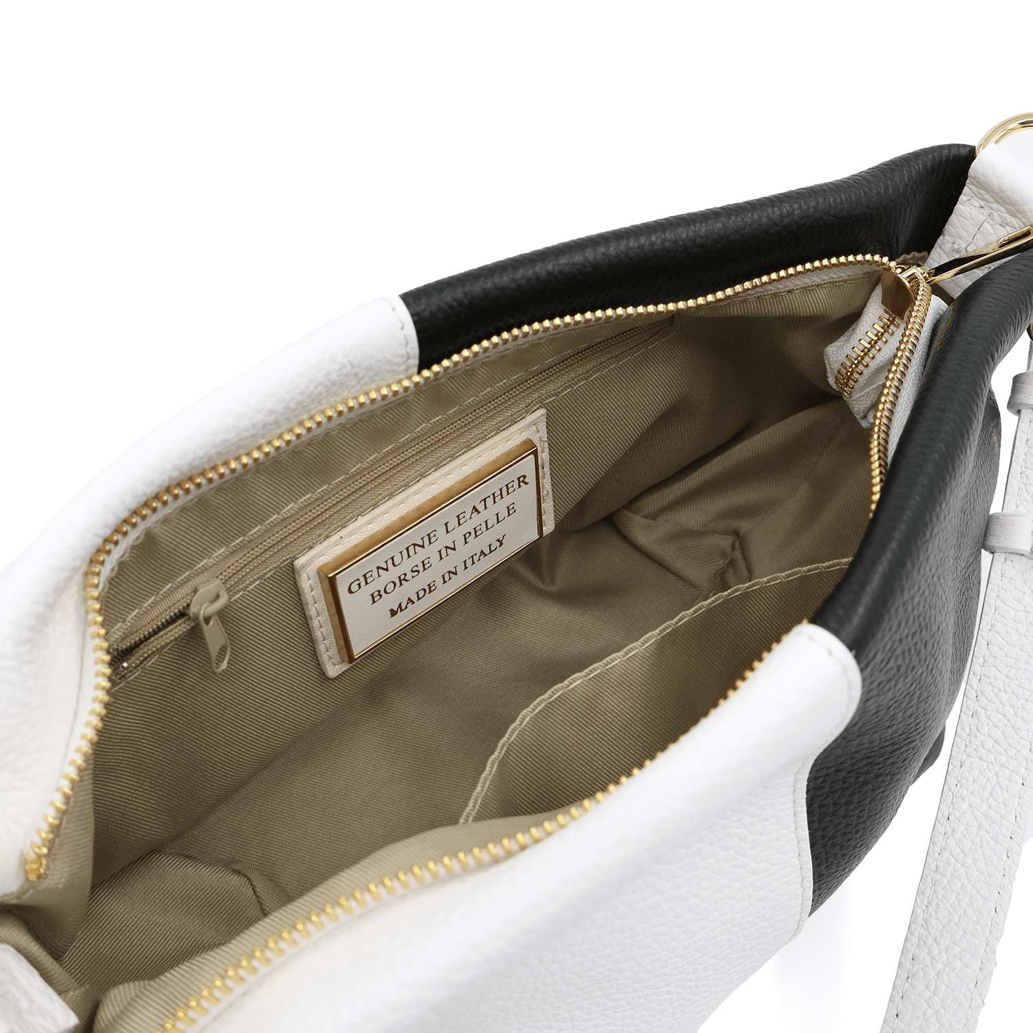 Két színű válltáska természetes bőrből, 2 fogantyúval - fekete/fehér