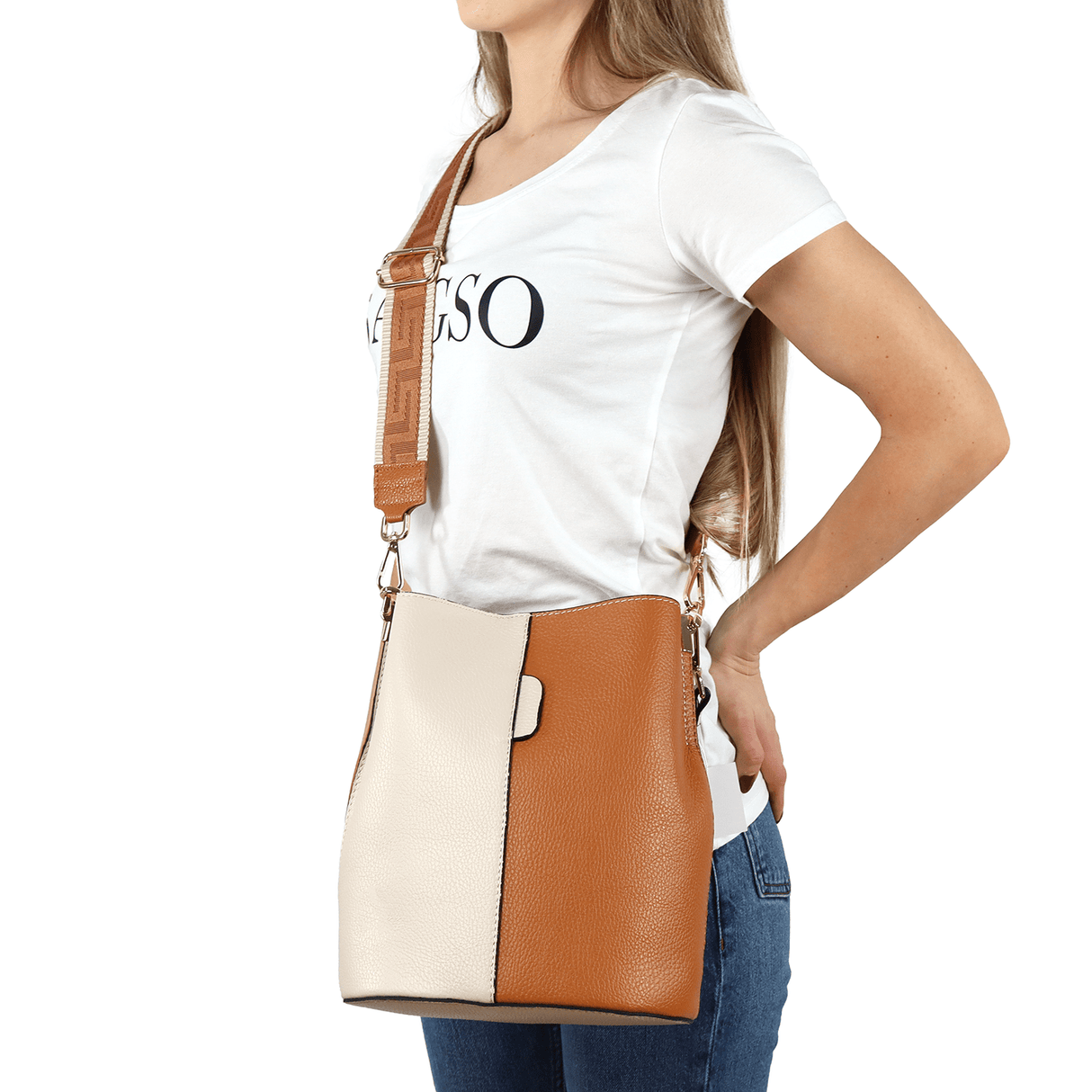 Női táska természetes bőrből, 2 fogantyúval Alba - bézs/világosbarna