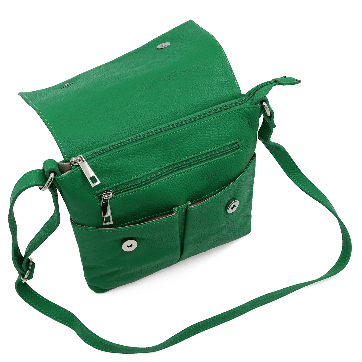 Természetes bőr válltáska sok zsebbel - zöld