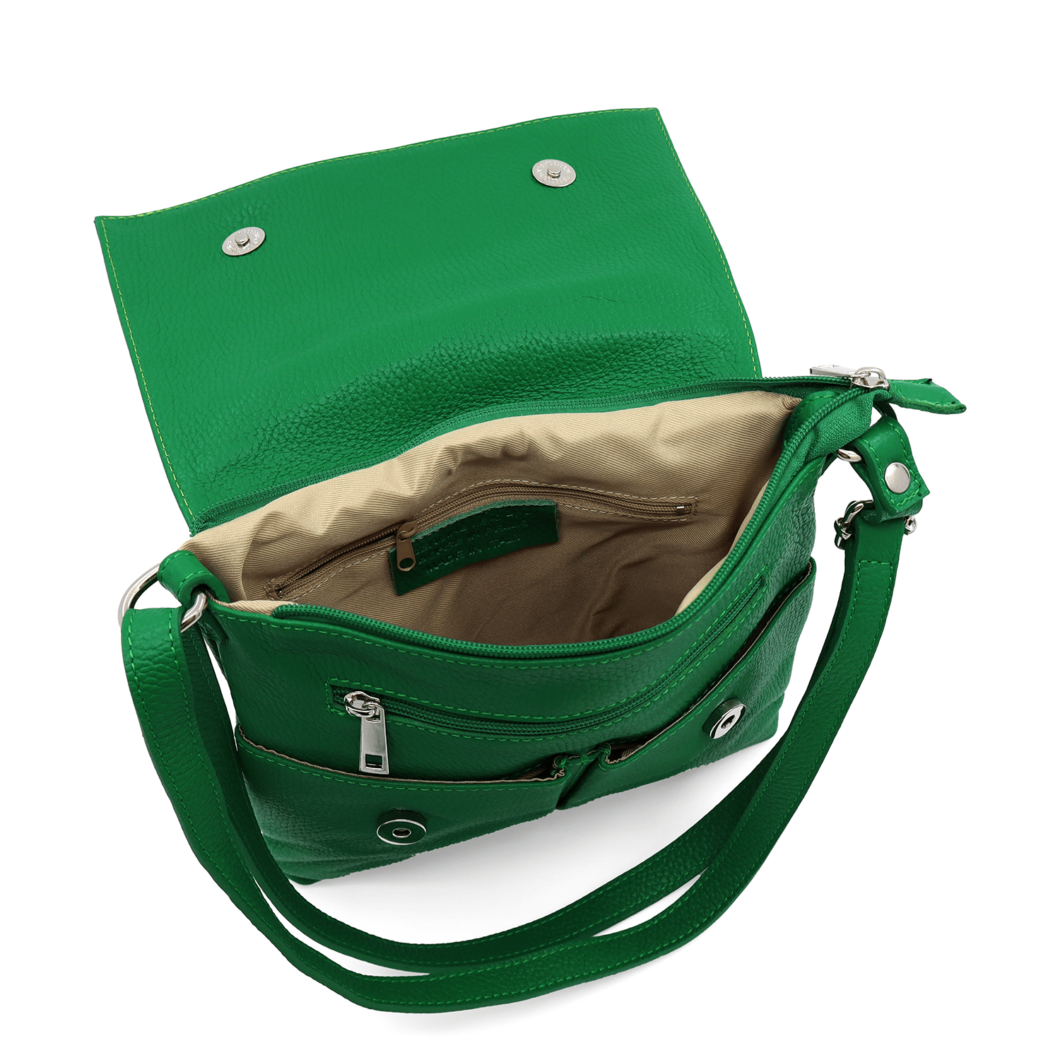 Természetes bőr válltáska sok zsebbel - zöld