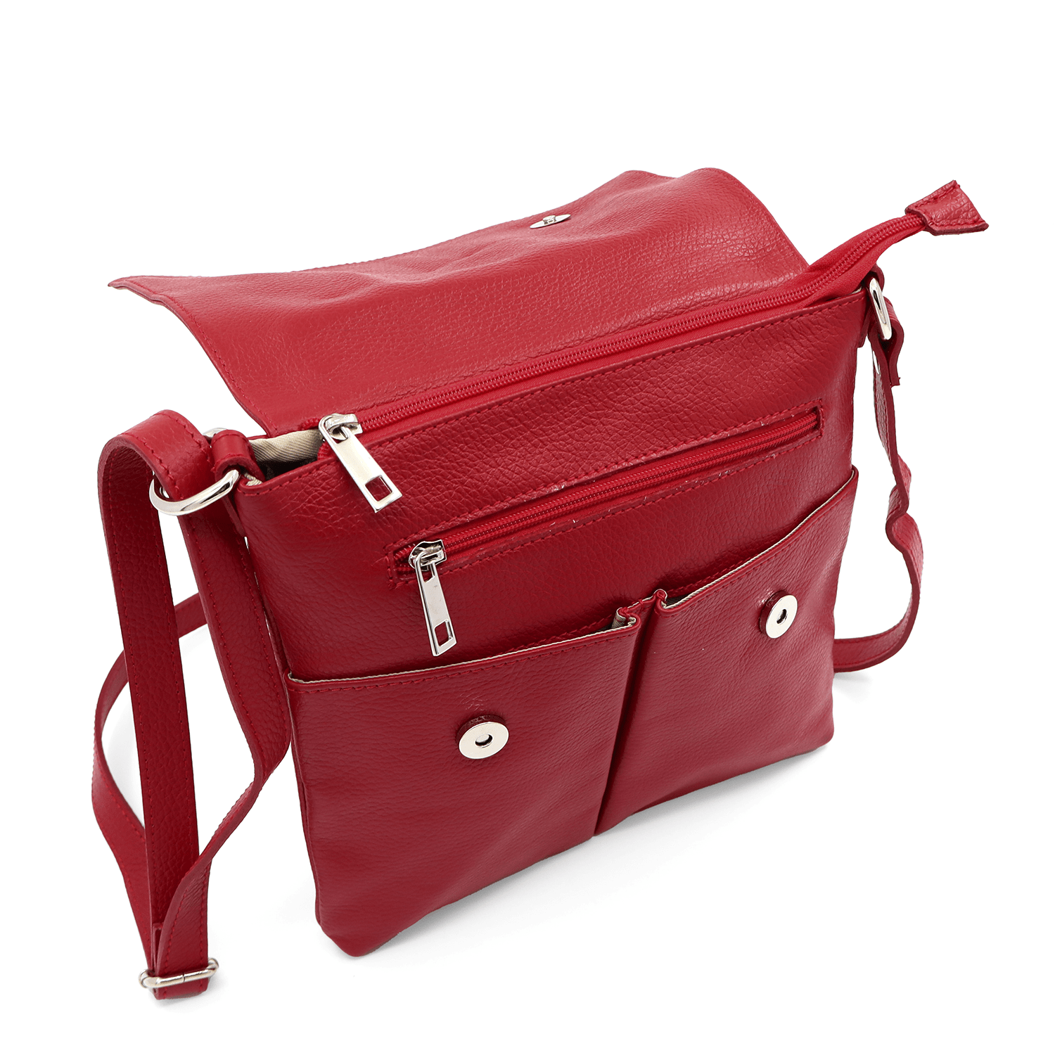 Válltáska természetes bőrből, sok zsebbel - piros