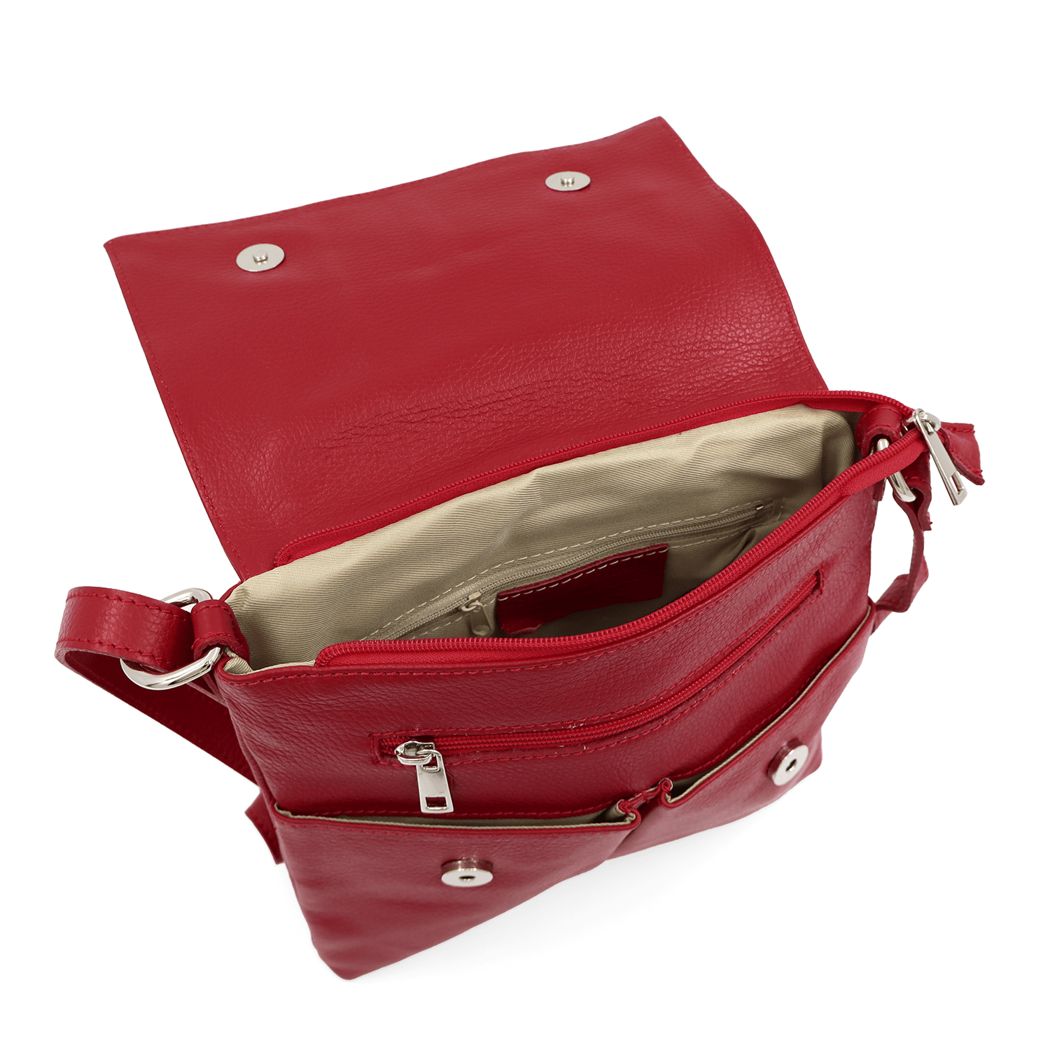 Válltáska természetes bőrből, sok zsebbel - piros