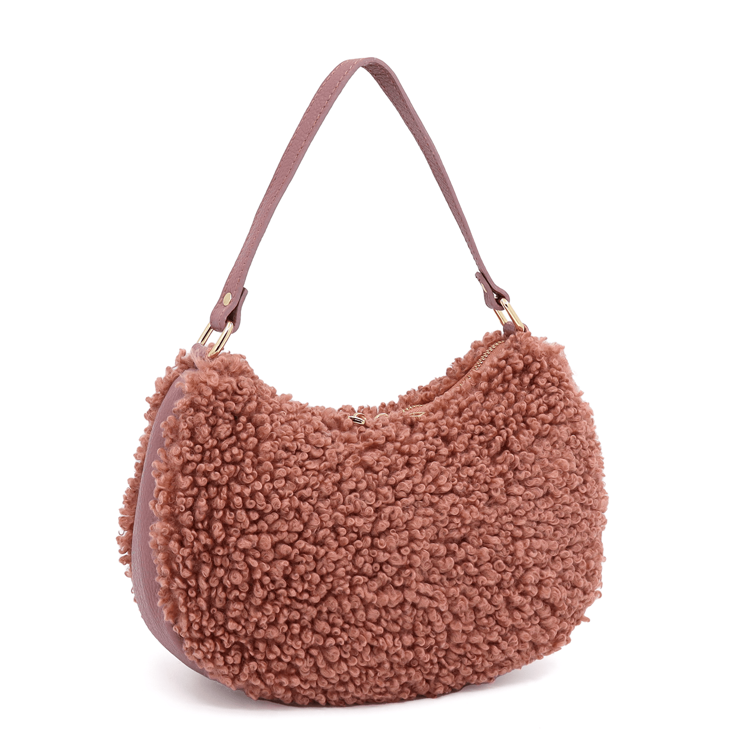 Női táska természetes bőrből és plüssből Emma - rózsaszín hamu