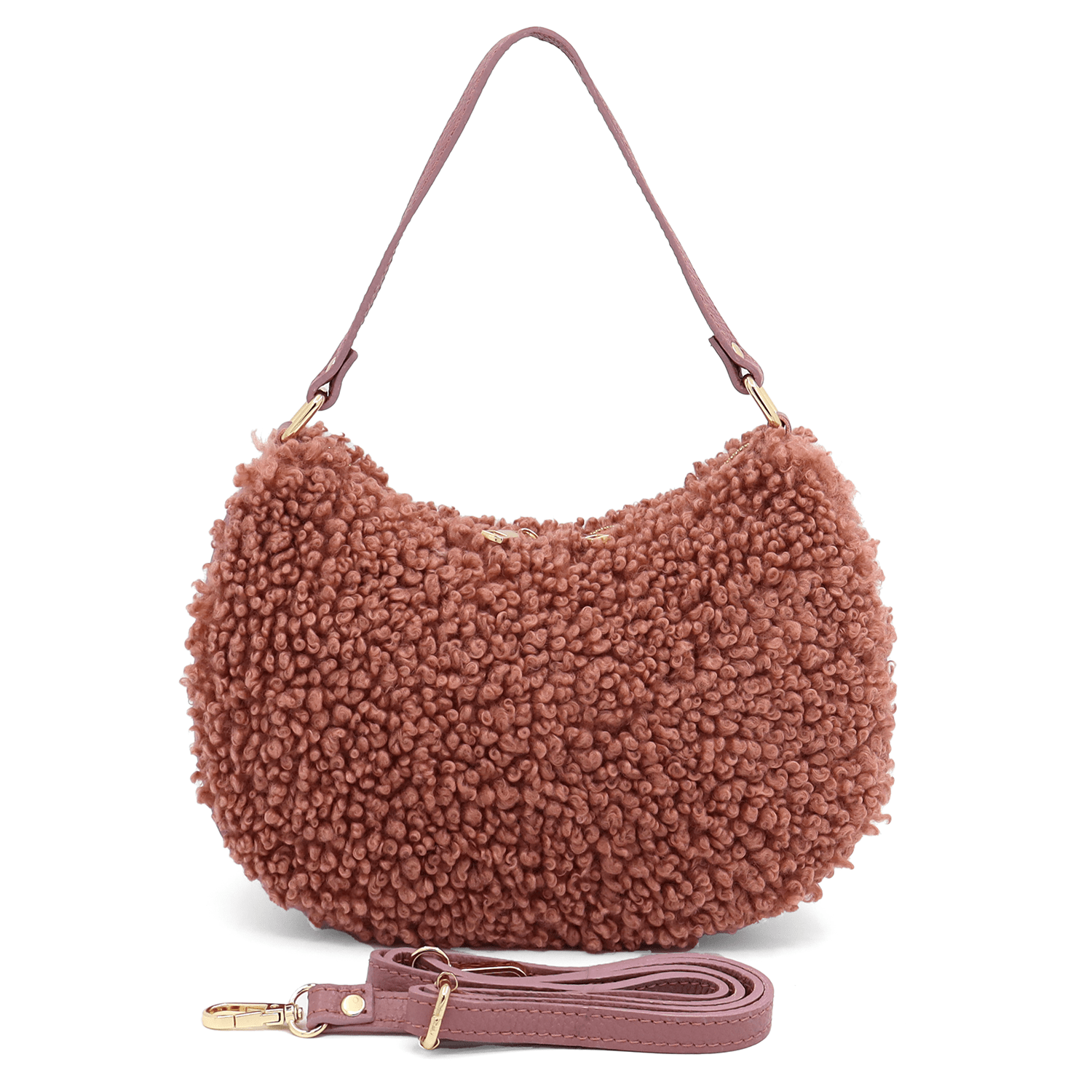 Női táska természetes bőrből és plüssből Emma - rózsaszín hamu