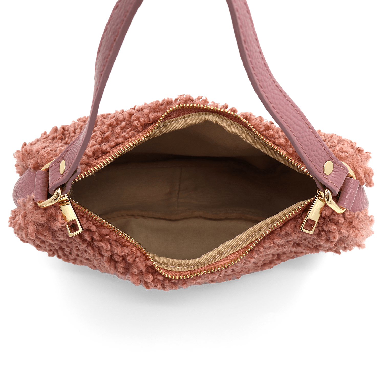 Női táska természetes bőrből és plüssből Emma - rózsaszín hamu