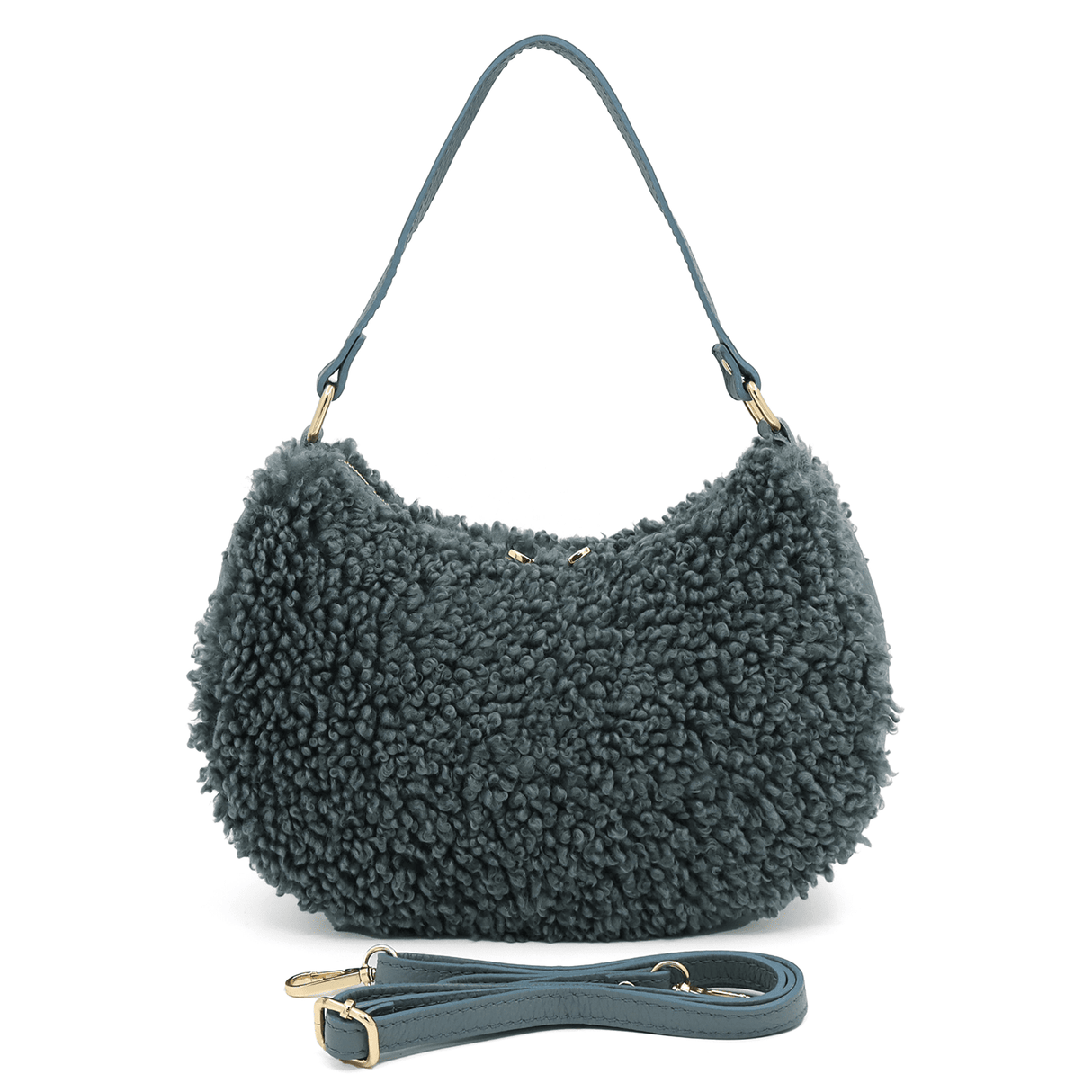 Női táska természetes bőrből és plüssből Emma - kék