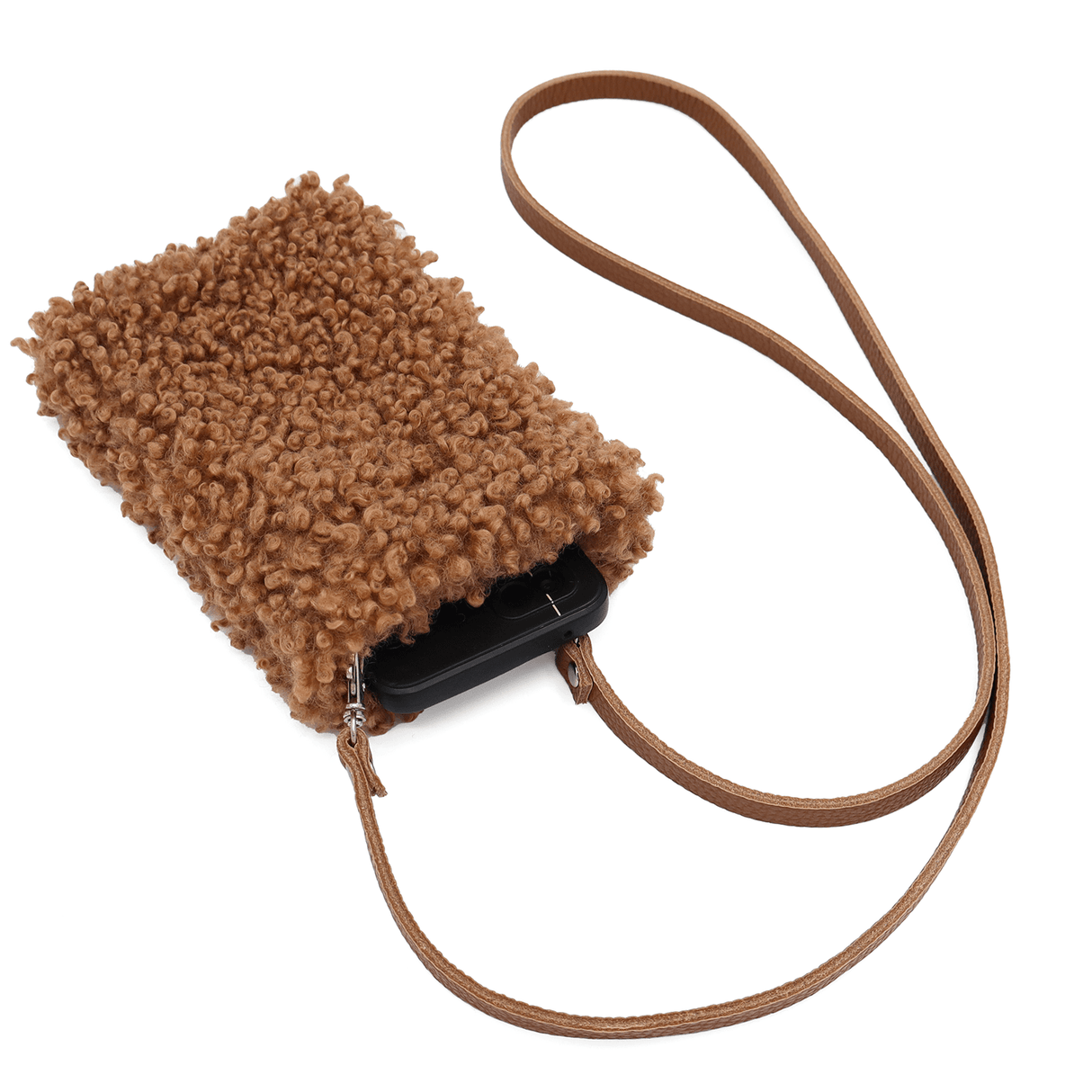 Természetes bőr és plüss telefonhuzat Maya - cserépkék