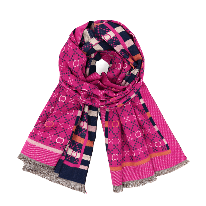 Kétoldalas sál nyomtatott mintával - fukszia/sötétkék