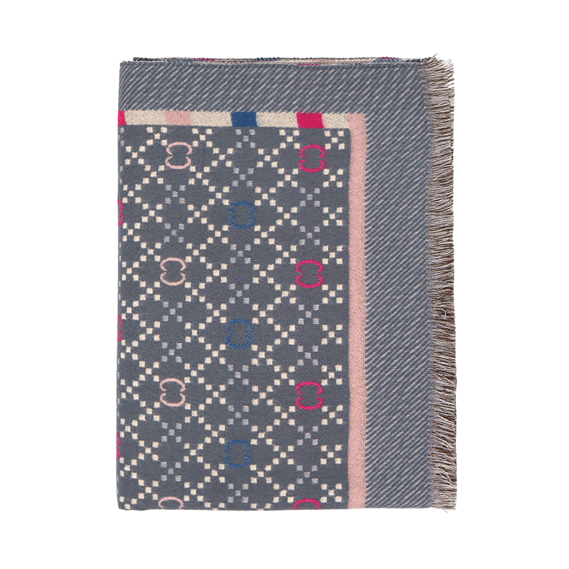 Двулицев шал с принт - сиво/бежово