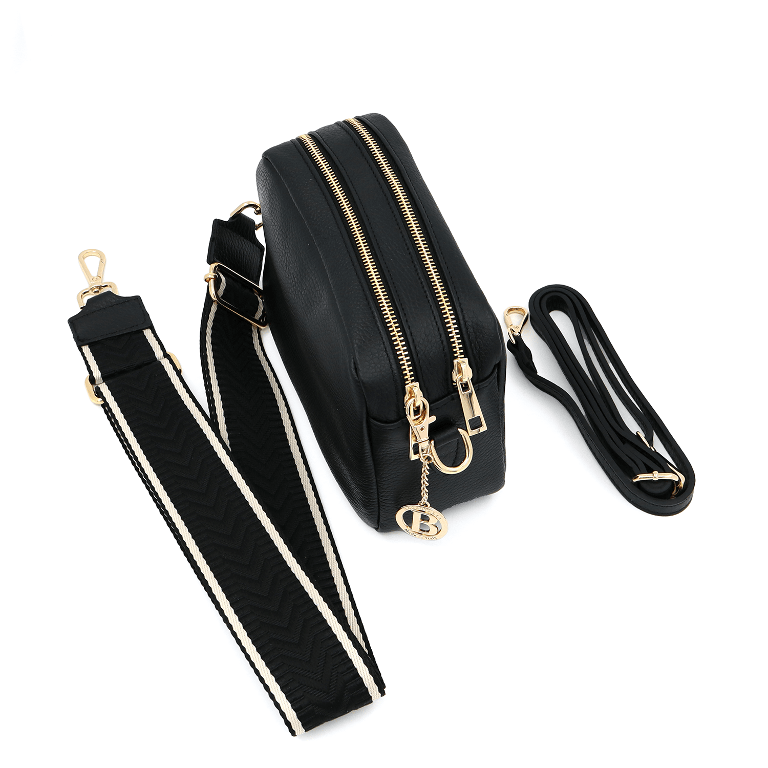 Természetes bőr válltáska 2 fogantyúval - fekete