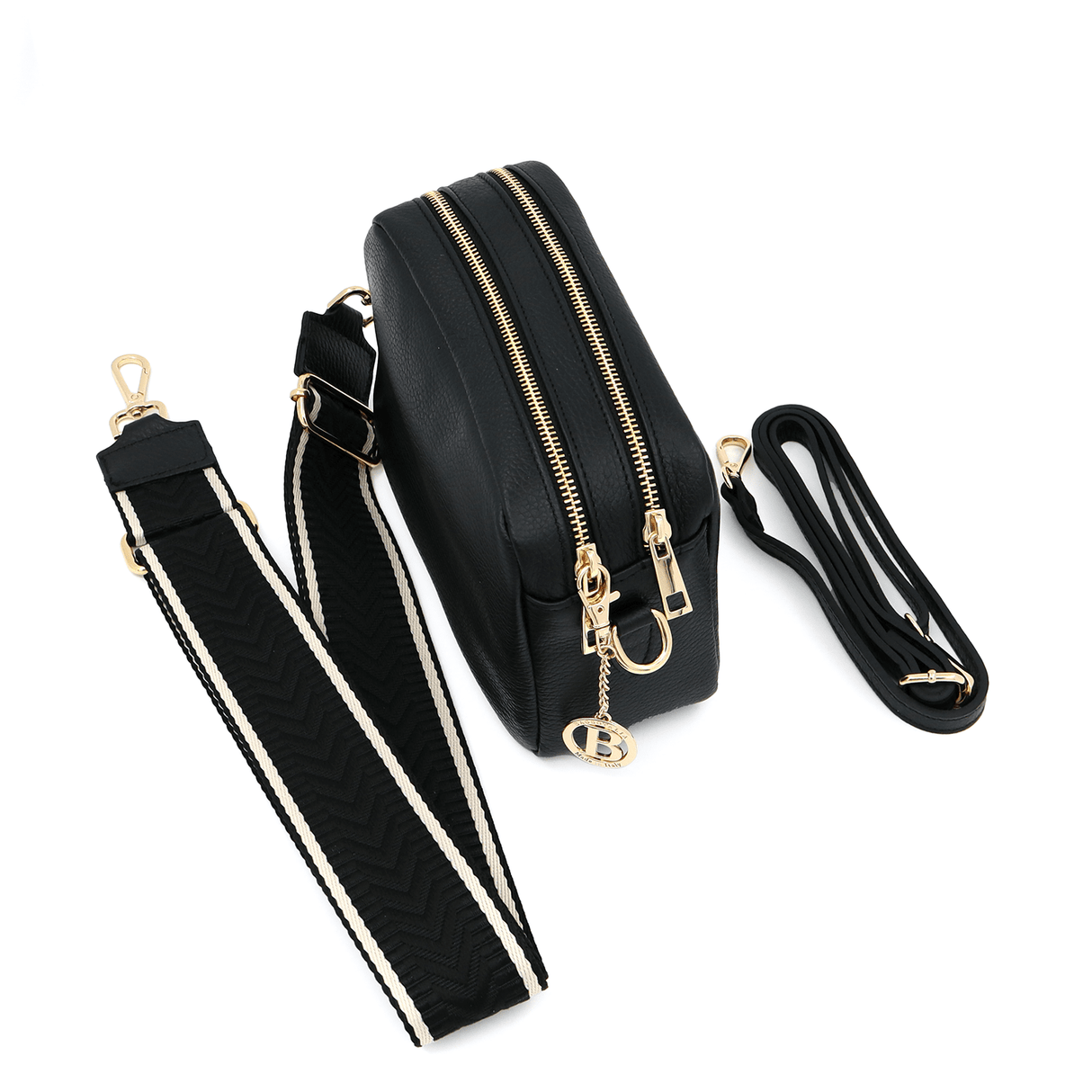 Természetes bőr válltáska 2 fogantyúval - fekete