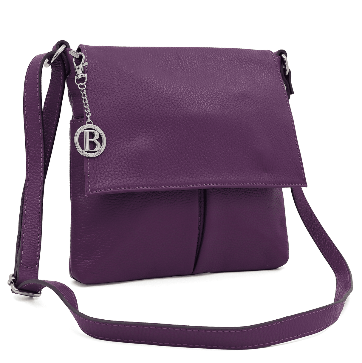 Természetes bőr válltáska sok zsebbel - lila