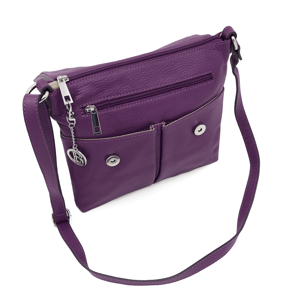 Természetes bőr válltáska sok zsebbel - lila