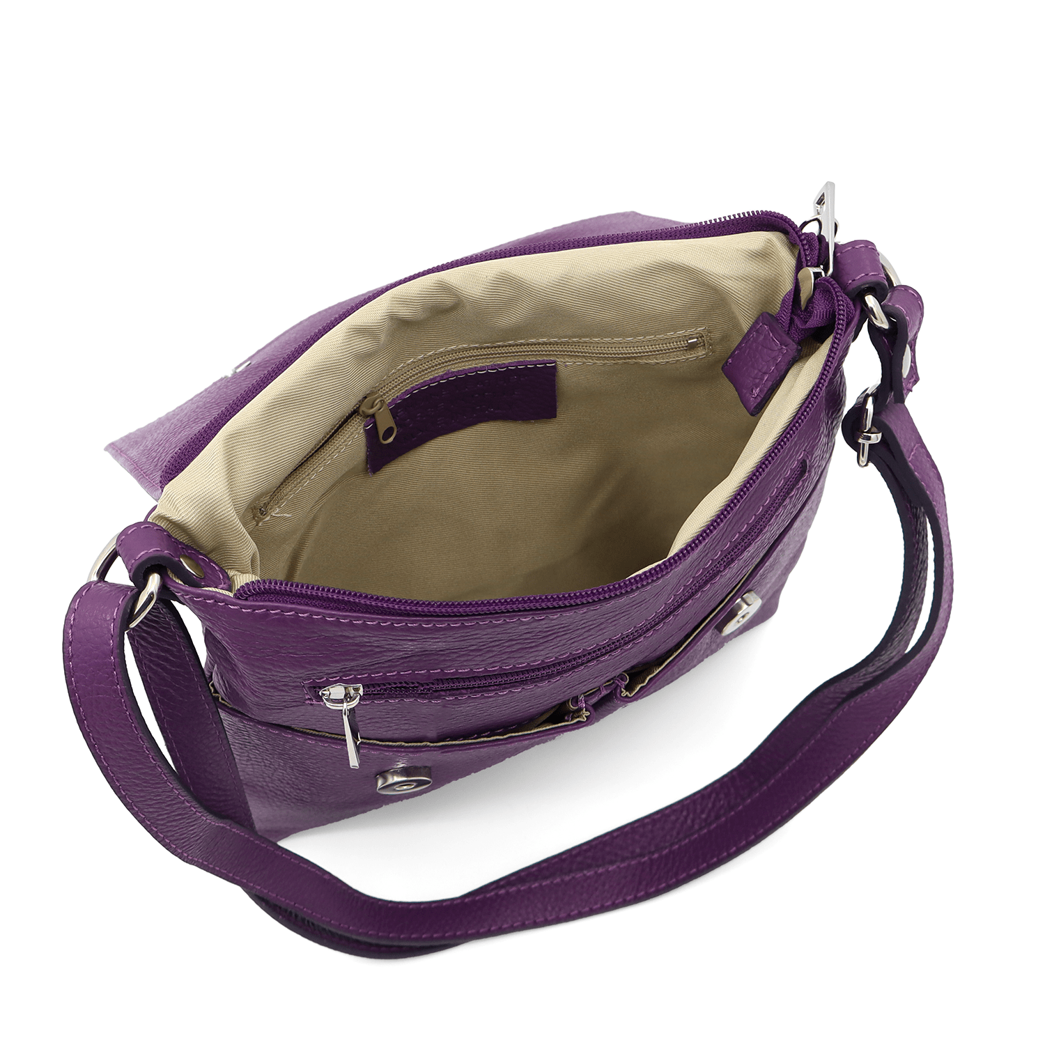 Természetes bőr válltáska sok zsebbel - lila
