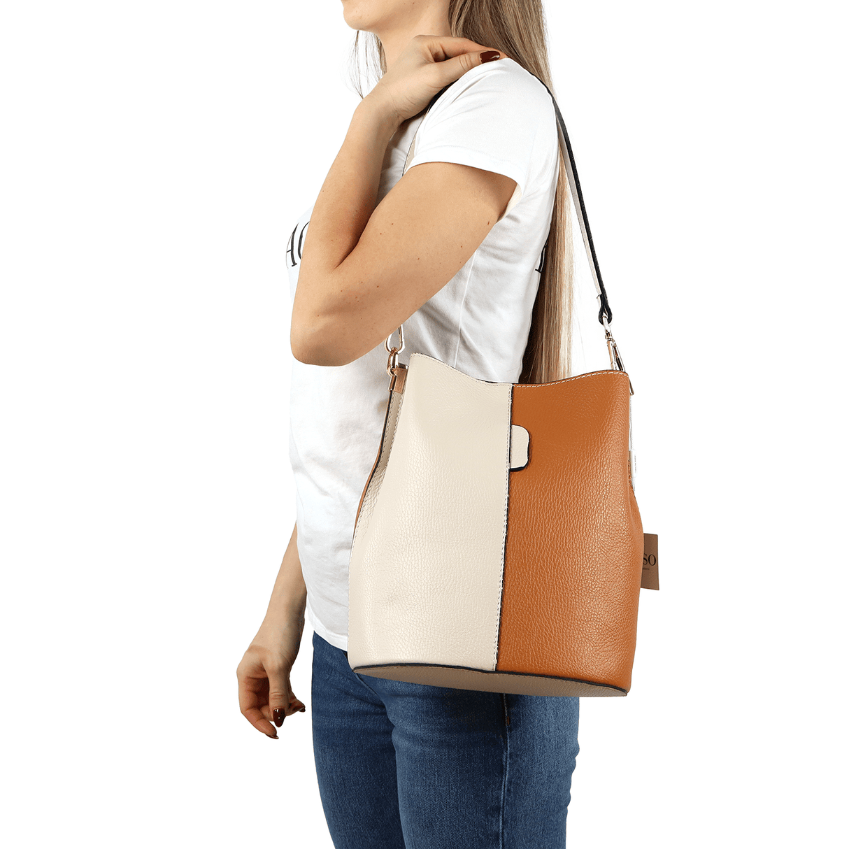 Női táska természetes bőrből, 2 fogantyúval Alba - türkiz